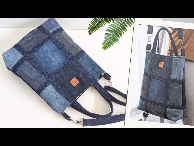 DIY Two-Way Patchwork Denim Bag Out of Old Jeans Fabric Remnants