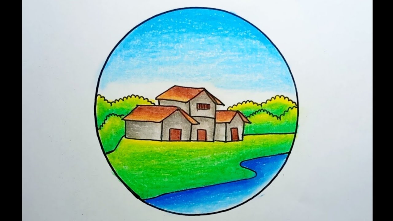 How To Draw Village Scenery Easy In A Circle |Drawing Village Scenery ...