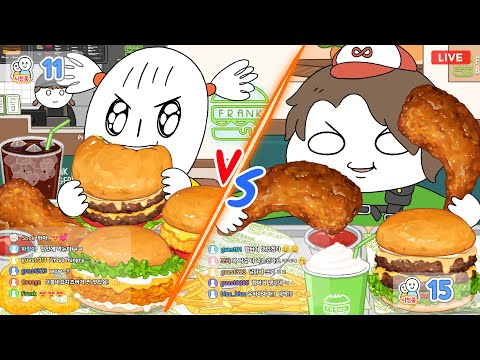 미니 vs 바비의 먹방 라이브 대결! (프랭크 버거 3종, 자이언트 통닭다리) FRANK BURGER Mukbang! Animation ASMR /foomuk