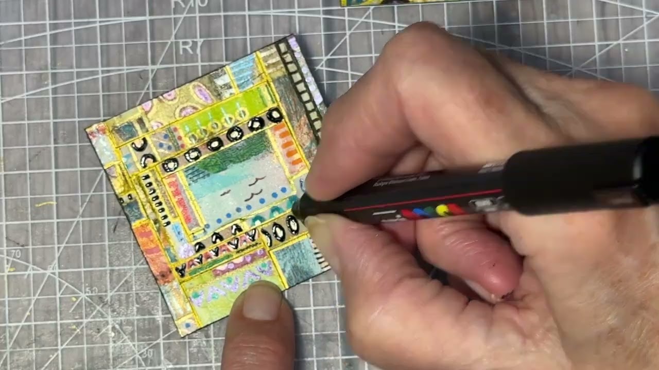 Gel Print Art Short:  Mini Collage Step 2 Pen Work with No Talking
