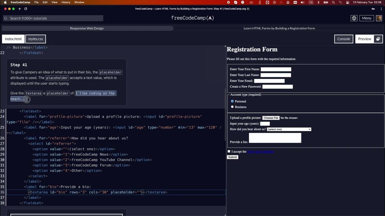 LEARN HTML FORMS BY BUILDING A REGISTRATION FORM STEP 41 #freecodecamp ...