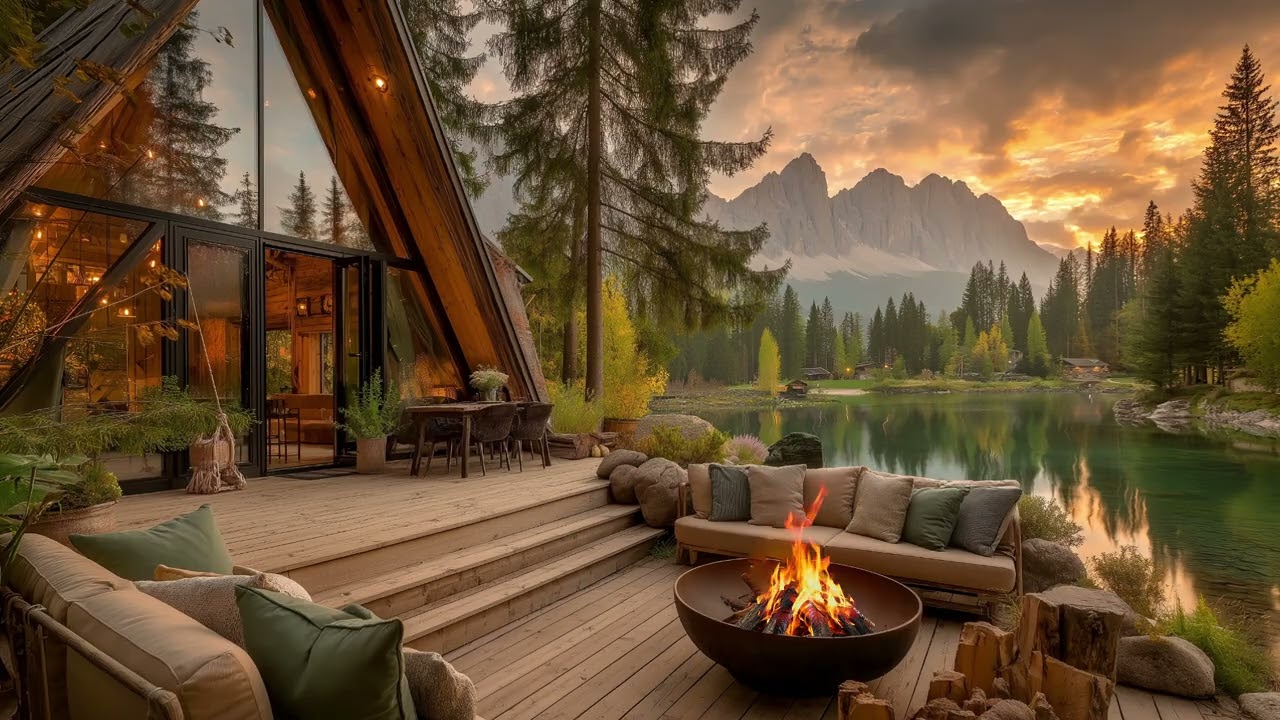 Spring Silent Lakeside Firepit Ambience | Soft Birds, Calm Water & Cozy Nature Sounds