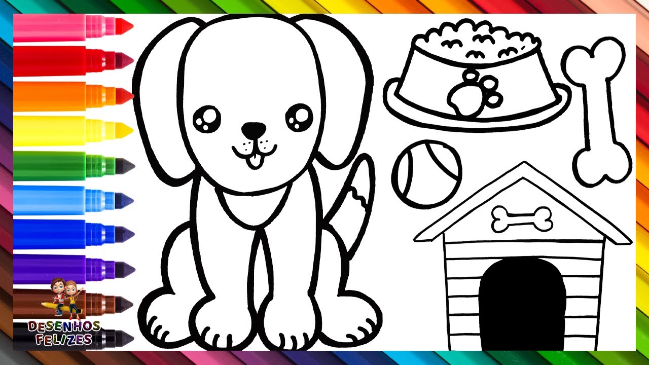 Como Desenhar Um Cachorro 🐶 Desenhar E Colorir Um Cachorro Fofo Com Seus  Acessórios 🐕🐾🌈 