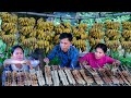 Huge Grilled Natural 100% Banana Fruit in Village | BBQ Banana Honey Bee Recipe | Kitchen Foods