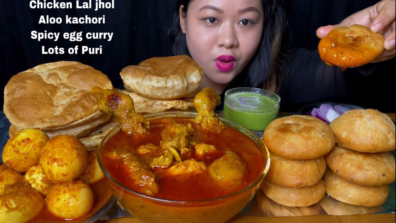 SPICY CHICKEN CURRY, SPICY EGG CURRY, ALOO KACHORI WITH LOT’S OF LUCHI/PURI EATING |ASMR MUKBANG