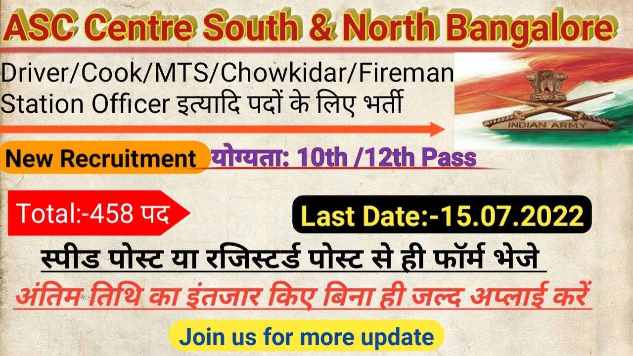 ASC Centre South Bangalore/ ASC Centre North Bangalore Recruitment 2022