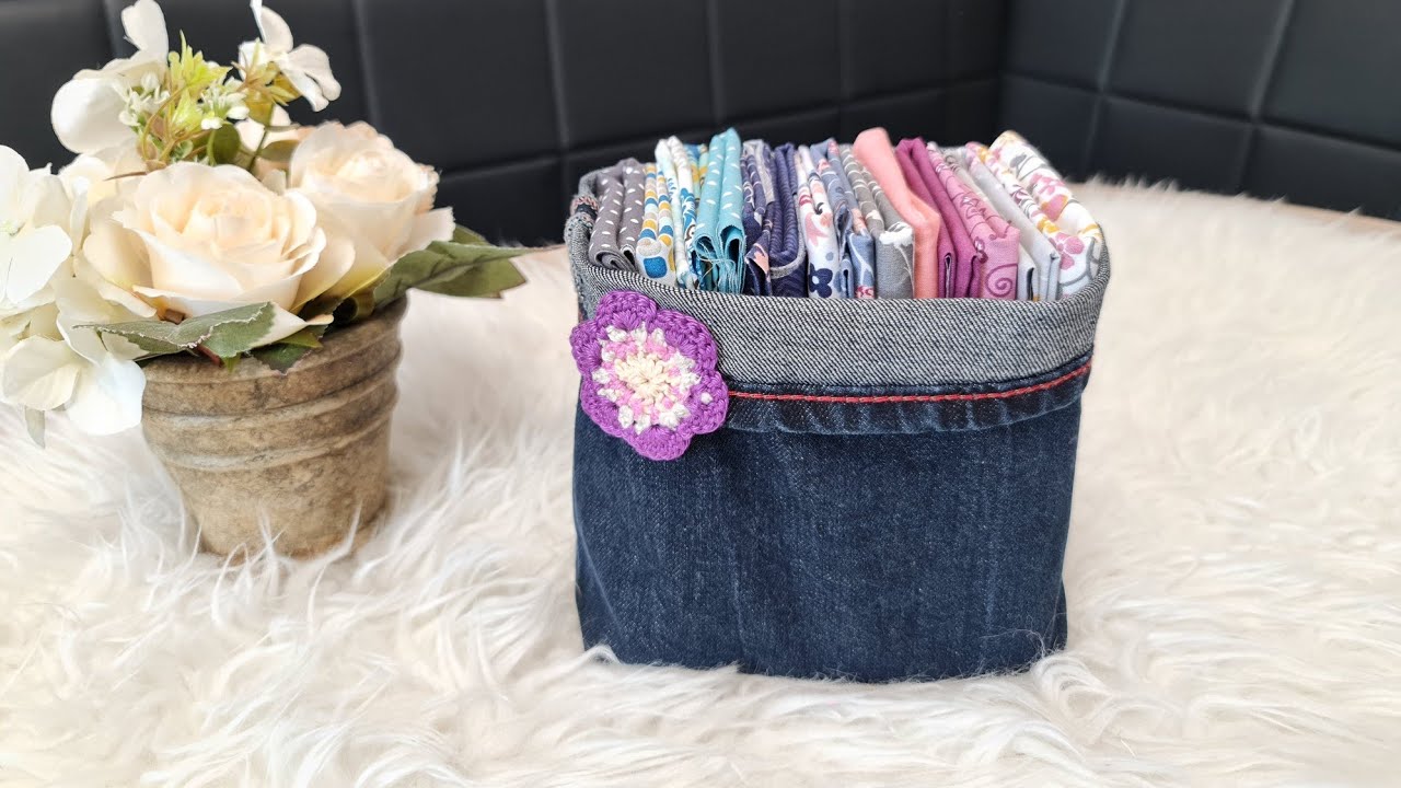 Учебник по тканевой корзине | Тканевая корзина из старых джинсов | Идея переработки джинсов