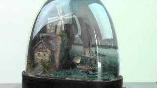 Rocking Ship and Windmill Automaton under painted glass dome