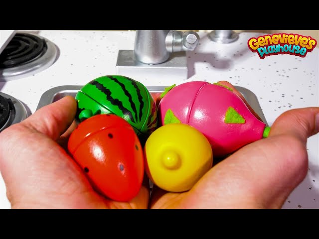 Learn Fruit and Vegetable Names for Kids with Toy Kitchen Cooking Party! class=