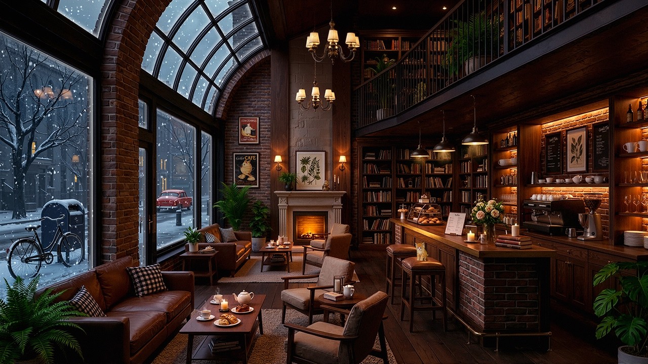 Cozy Coffee Shop Ambience ☕❄️ Relaxing Jazz Instrumental Music & Crackling Fireplace for Study, Work