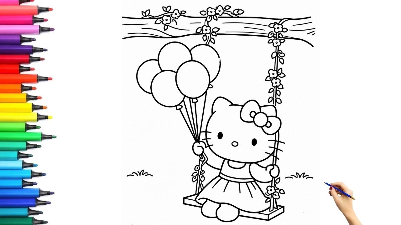 キティママ　トールペイント Hello Kitty on Swing Drawing, Painting & Coloring For Kids and