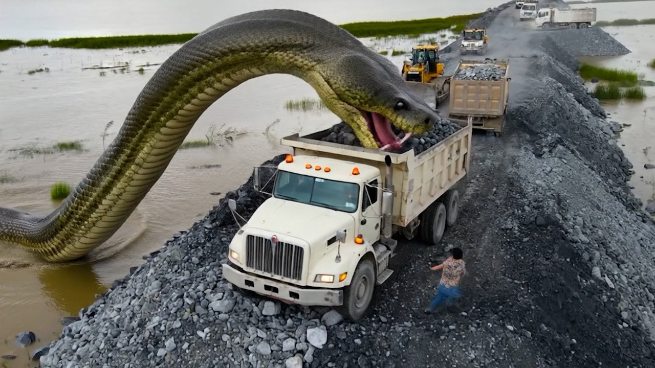 Machines Bulldozer In Moving Rock On Road Cutting Field With A lot Of Dump truck