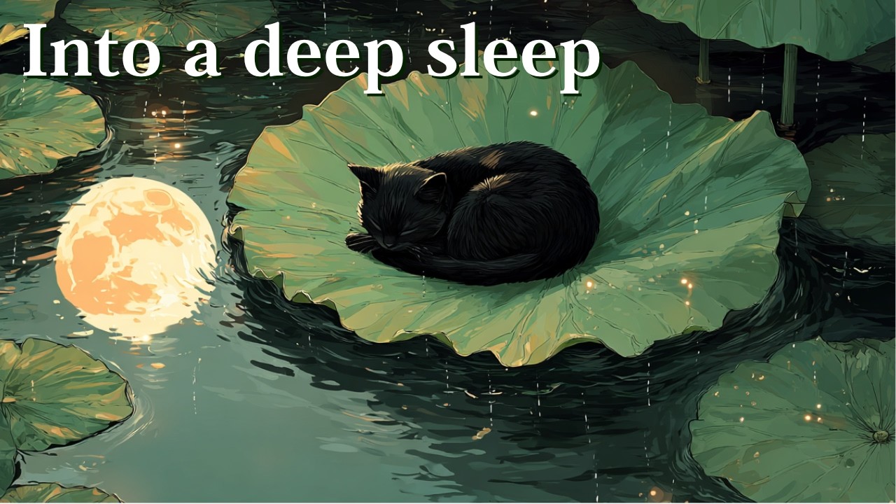 (Deep Sleep Music) Dreaming on a Lily Pad: Peaceful Night Scene with a Sleeping Cat