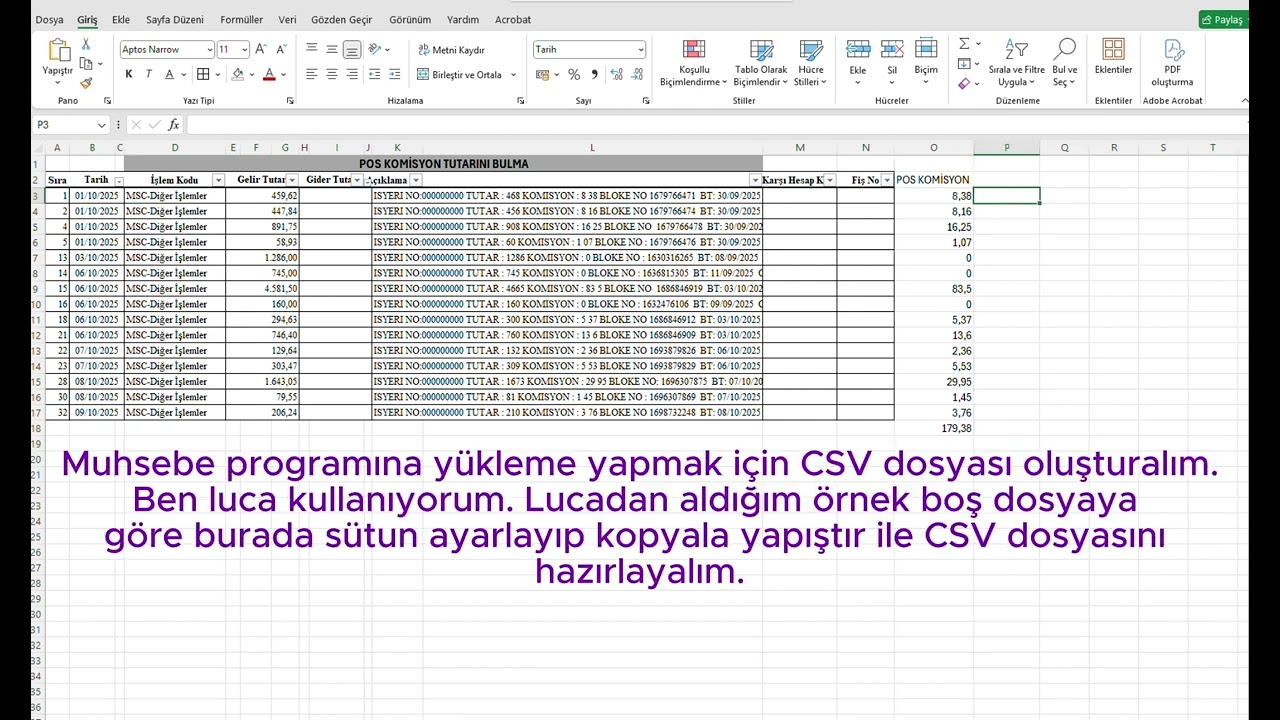 LUCA BANKA EKSTRESİ KAYDINDA, AÇIKLAMADA YAZAN POS KOMİSYONUNU KOLAY AYIRMA