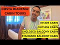 Costa diadema  cabin tours  inside oceanview enclosed balcony and standard balcony  4k