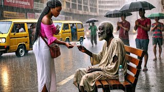 Une triste fille sans emploi a donné tout son argent à un pauvre mendiant sans abri ignorant qu'il..
