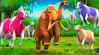 5 Magical Colorful Cows Vs Woolly Mammoth Fight | Cartoon Cow Tiger Horse Save by Magical Cows