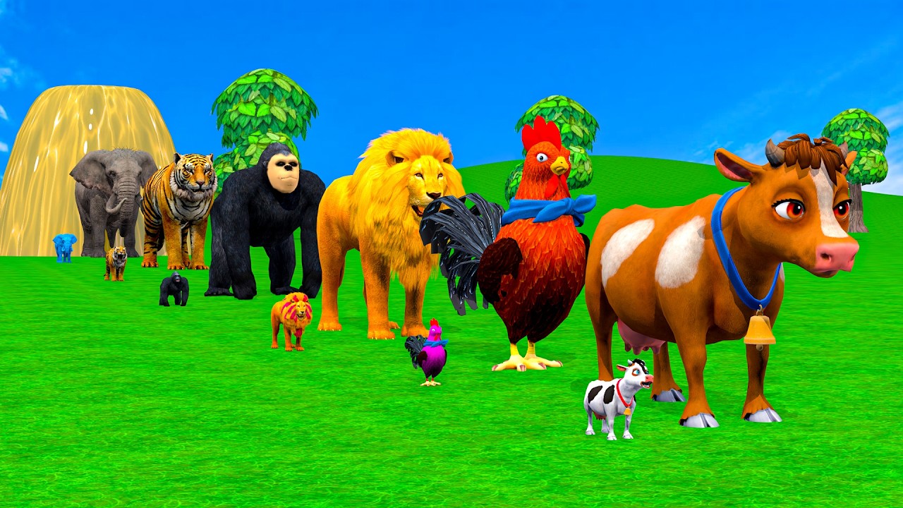 Paint & Animals Cow,Gorilla,Elephant,Giraffe,Tiger,Lion, Fountain Crossing Transformation Cartoon