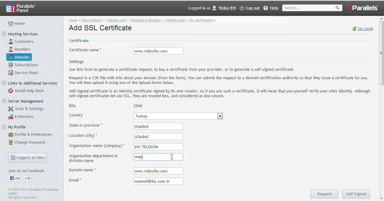 Plesk SSL Sertifikası İçin CSR Kodu Oluşturma - IHS TELEKOM