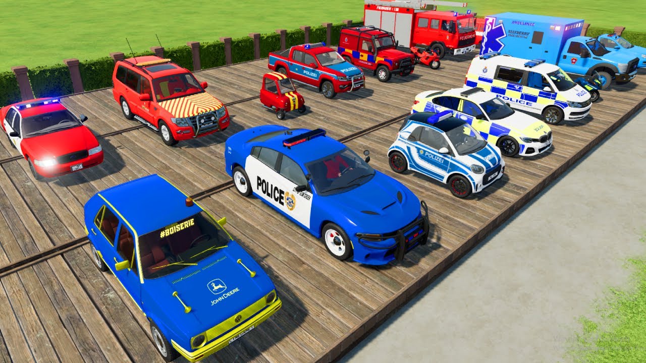 TRANSPORTING POLICE CARS, AMBULANCE, CARS, FIRE TRUCK OF COLORS! WITH TRUCKS! - FARMING SIMULATOR 22