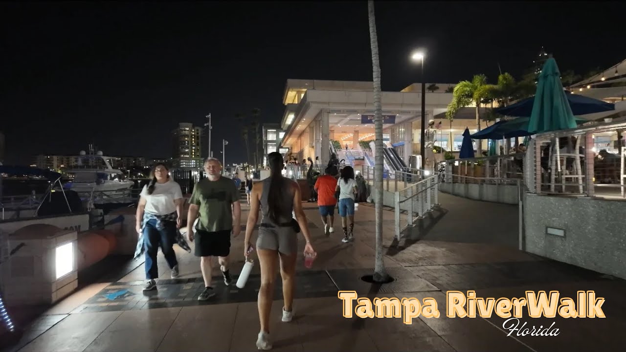 Explore Tampa Riverwalk at Night in 4k (Walking Tour)