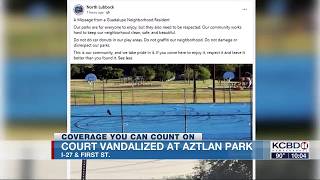 Driver covers court in tire tracks at Aztlan Park in North Lubbock
