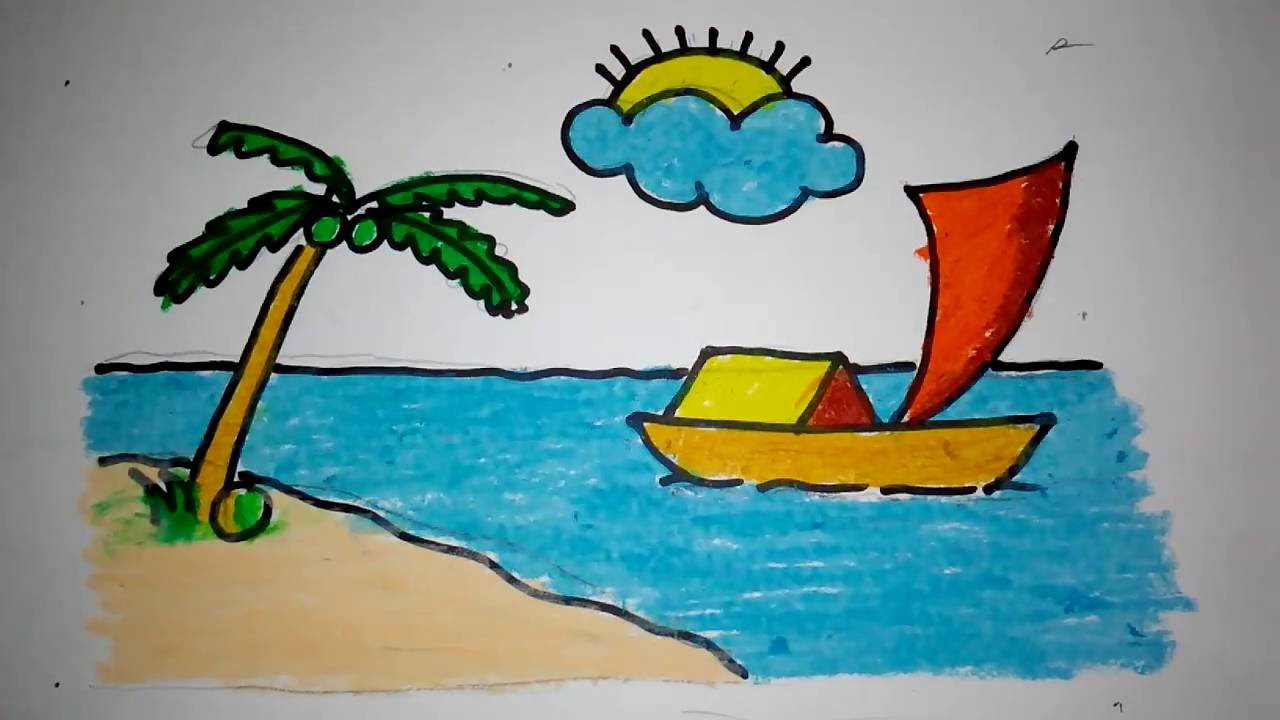 Cara menggambar pemandangan pantai - YouTube