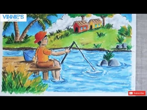 ART IT IS: How to draw a boy fishing in a village Village scene in oil  pastels foe beginners 