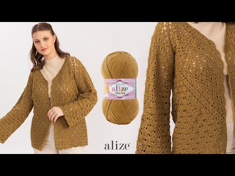 Alize Cotton Gold ile Altıgen Midye Örnekli Hırka