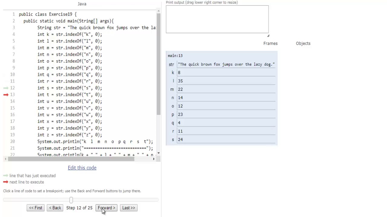 Java Exercises Get The Index Of All The Characters Of The Alphabet W3resource