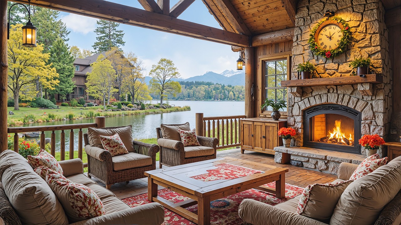 Cozy Spring Porch Ambience 🌸 Soothing Piano Music & Crackling Fireplace for Relaxation