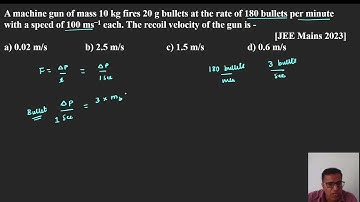 A machine gun of mass 10 kg fires 20 g bullets at the rate of 180 bullets per minute with a speed
