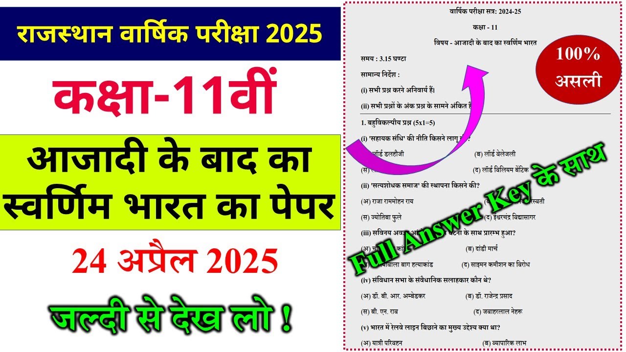 Rajasthan board 11th class yearly aazadi ke bad ka swarnim bharat 2024-25 |