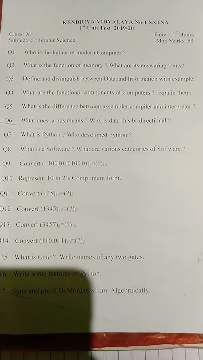 CLASS 11 COMPUTER SCIENCE || PYTHON || QUESTION PAPER UNIT TEST - YouTube