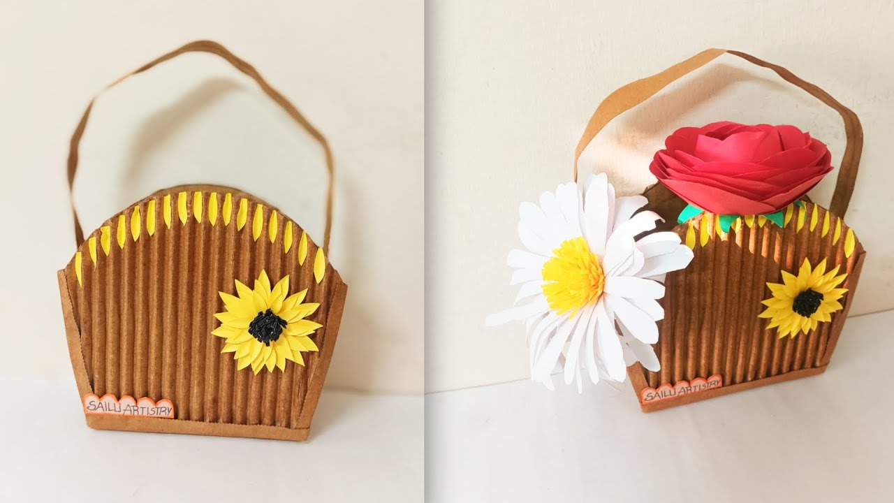 DIY//Lovely Flower🌼Bag Basket🧺made of Cardboard//Creative craft by Sailu Artistry🌼🧺🌼🧺🌼🧺🌼🧺🌼
