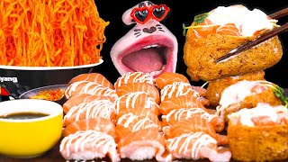 SUB│บะหมี่ไก่รสเผ็ดและซูชิแซลมอน ASMR Mukbang Eating Show