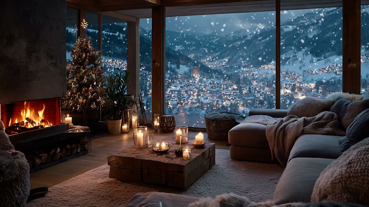 Snowy Forest Cabin Piano Ambience | Warm Firelight and Soft Snow at Night