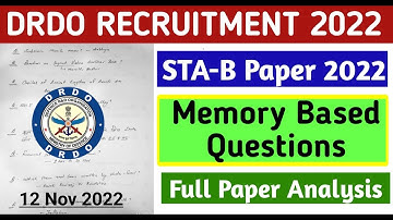 DRDO Full Paper Analysis | DRDO STA B Paper | DRDO Memory Based Question | 𝐃𝐑𝐃𝐎 𝟏𝟐 𝐍𝐨𝐯 𝟐𝟐 𝐏𝐚𝐩𝐞𝐫