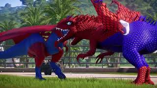Spider Man Indominus Rex vs Super Man Tyrannosaurus Rex Big Dinosaurs Fight in Isla Nublar - JWE