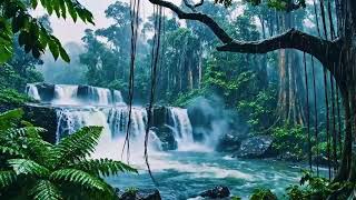 Peaceful Tropical Waterfall Audio with Jungle Rain
