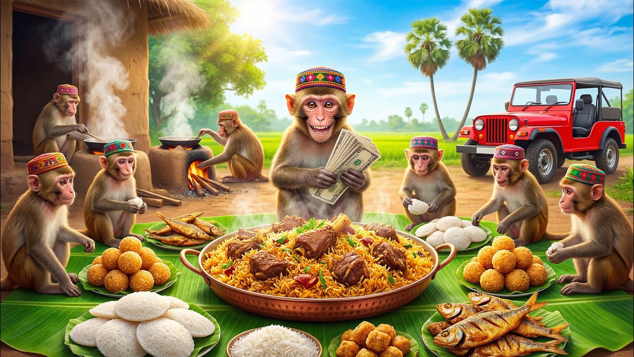 Monkeys’ Grand Picnic: A Pitha-Puli Festival with Hard-Earned Money | Monkey Cooking