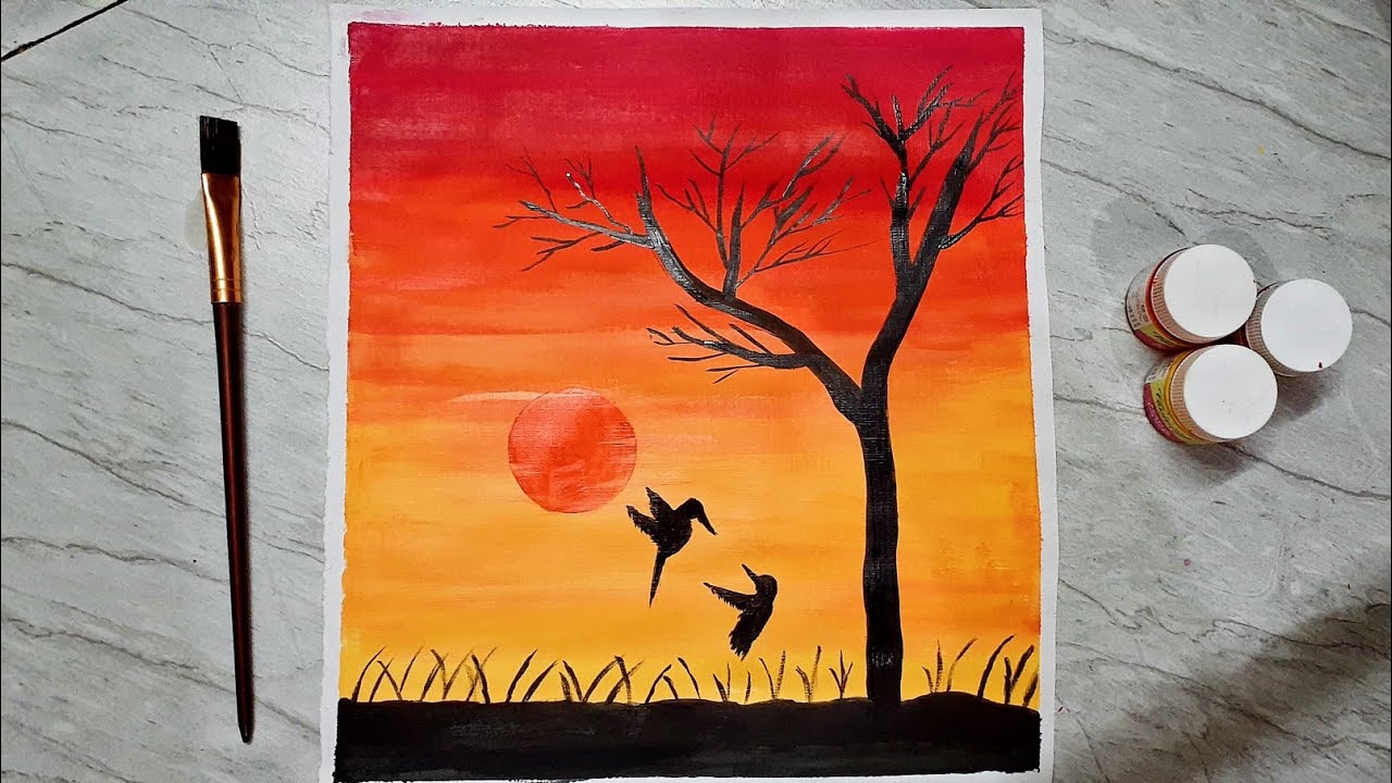 Sunset acrylic painting, how to paint easy sunset
