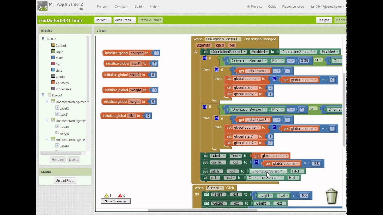 The magnitude detection of orientation sensor in mobile_phone: App Inventor 2