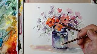 A sense of tranquility and elegance red and purple flowers in a vase, watercolor!