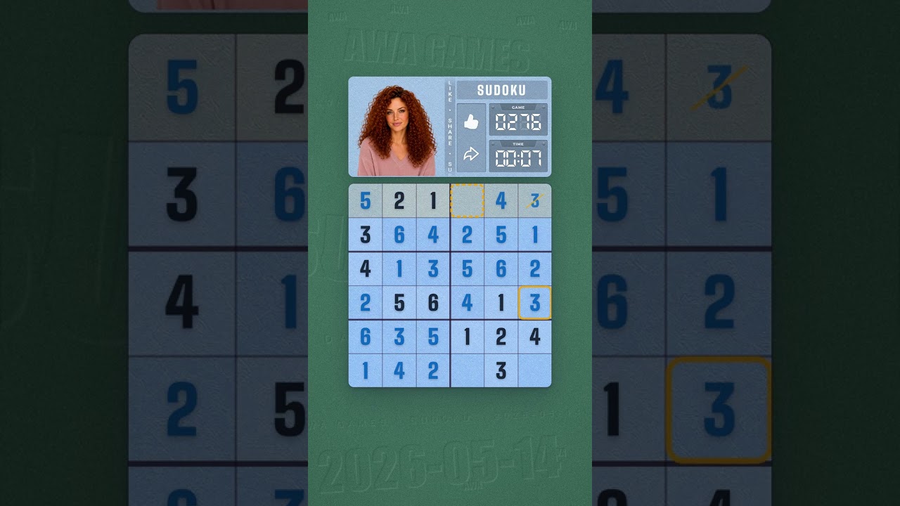 LinkedIn Mini Sudoku #276 solved board for May 14, 2026, 6x6 grid