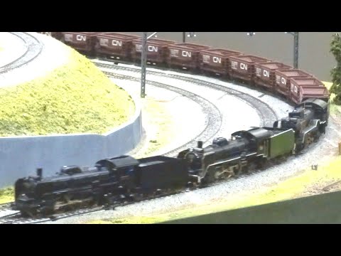 HOゲージ、蒸気機関車、C58 x2+C63三重連+D61後補機、オアカー108輌、走行動画