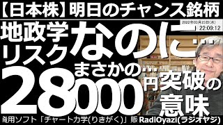 【日本株－明日のチャンス銘柄】地政学リスクなのに「日経平均」が(まさかの)28,000円突破した意味！　今回のような強い値動きが発生した場合、上昇の流れが簡単に下落に転じることはない。チャートで解説。