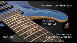Blues Jam Backing Track in D / G / A  Mixolydian. Stereo (D7, G7, A7 chords) PRS 513 chords
