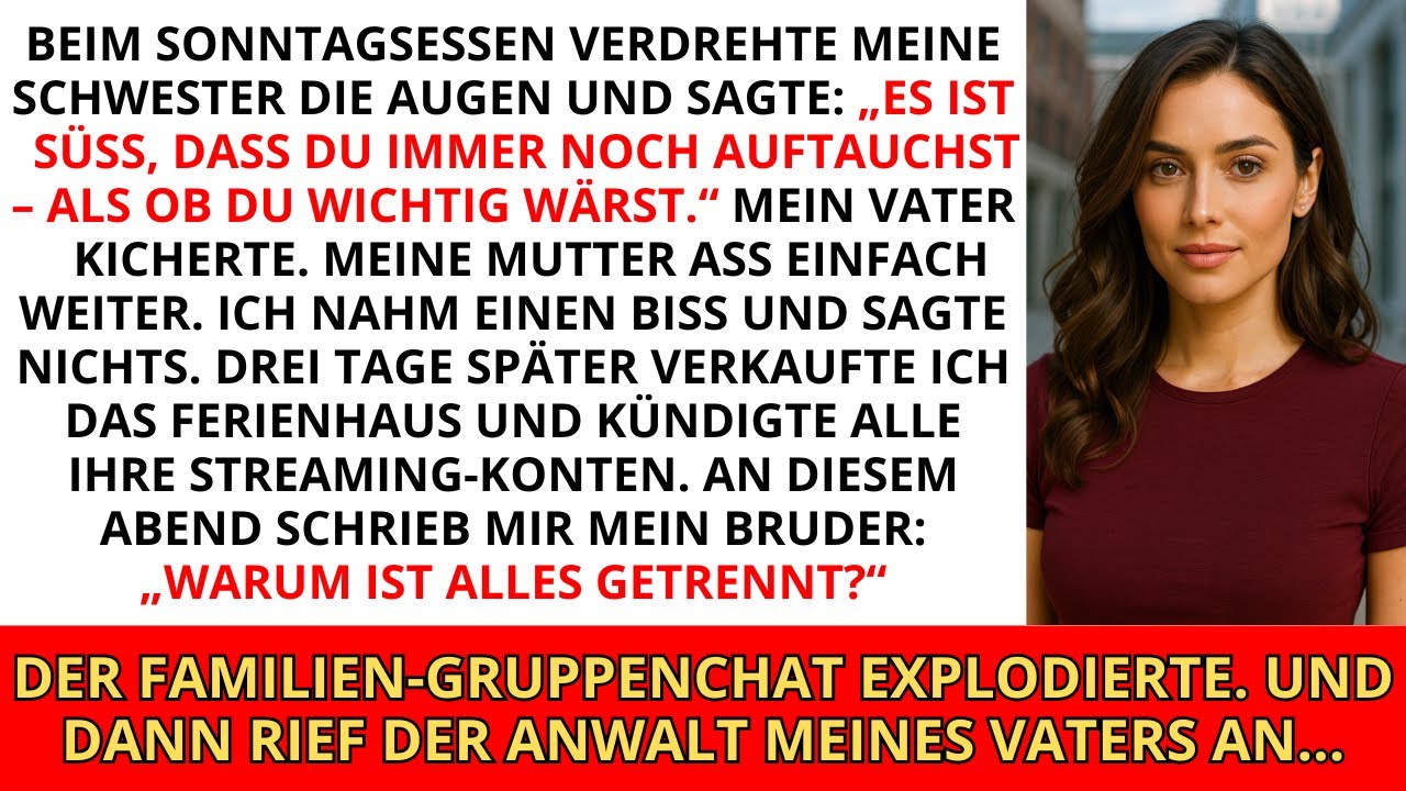 Beim Sonntagsessen verdrehte meine Schwester die Augen und sagte: „Es ist süß, dass du immer noch...