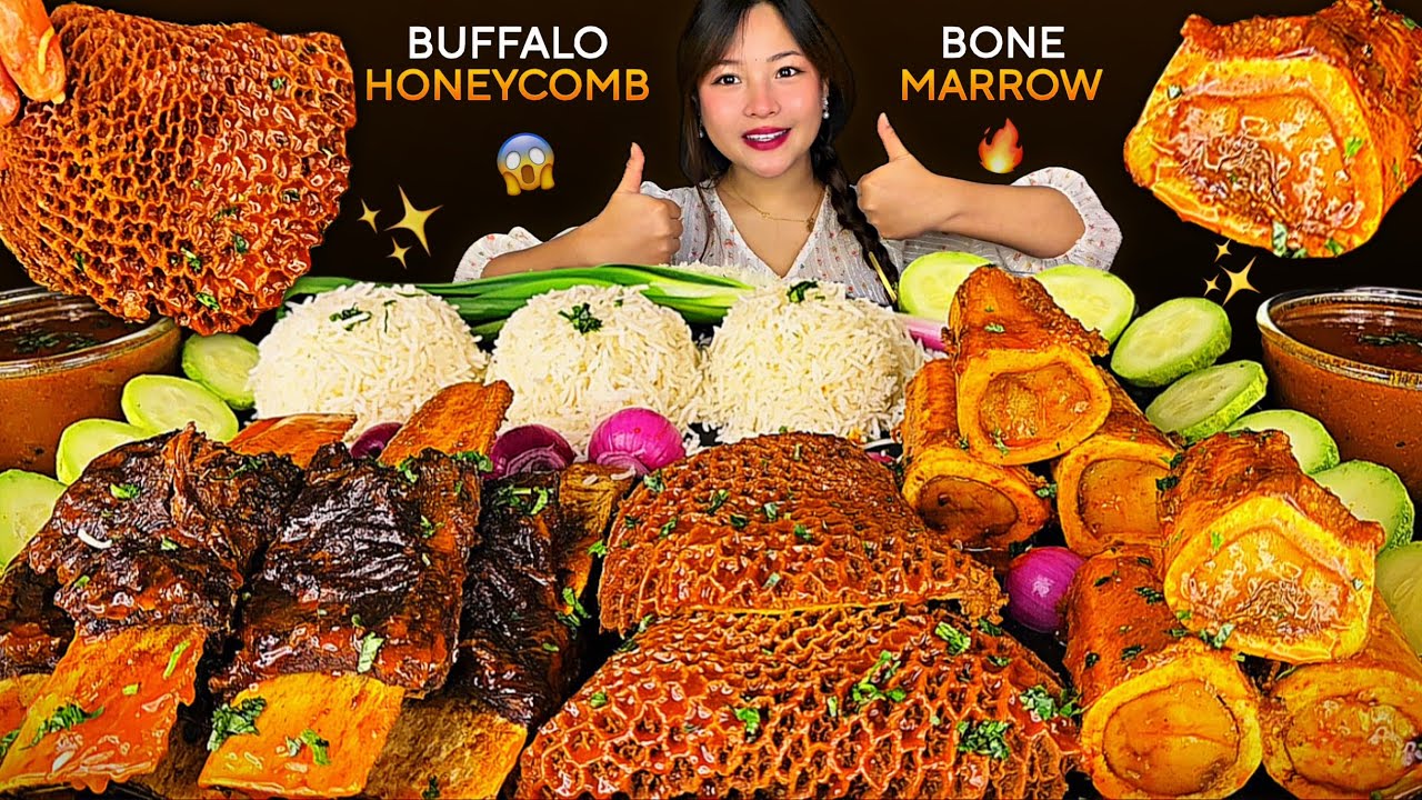 BRAISED BUFFALO BONE MARROW😱🔥SPICY RIBS CURRY🌶️& BUFF HONEYCOMB | NEPALI MUKBANG | BIG BITES |